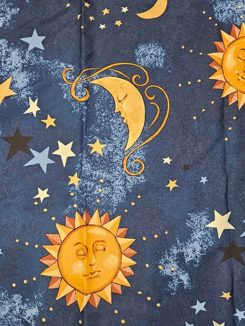 VTG 90s Celestial Sun Moon & Stars Shower Curtain Midnight Blue Gold Boho Taiwan